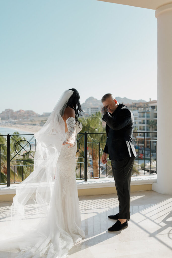 los cabos wedding first look on balcony